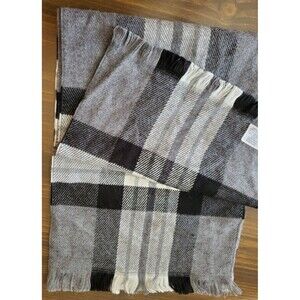 Vintage Scarf Plaid Self Fringe Black White Gray Woven Reverses 11" x 58" France